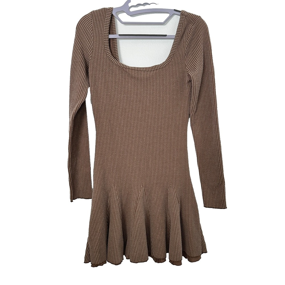 EDGE Ribbed Knit Mini Dress Womens Small Brown Scoop Neck Fit Flare